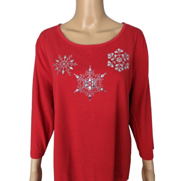 Coral Bay Red and Silver Snowflake Embellished 3/4 Length Sleeve Top 1X - Picture 3 of 9